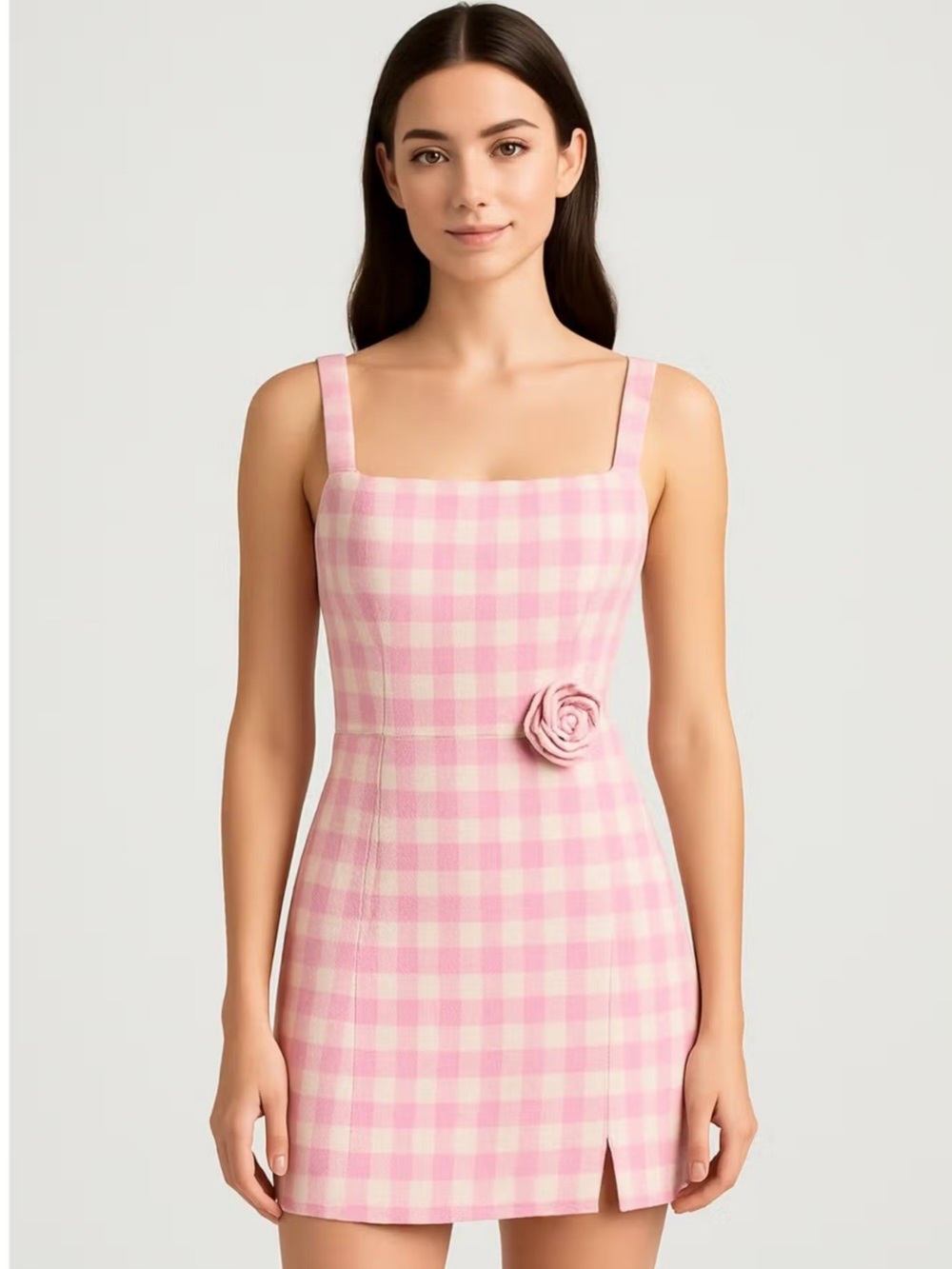 Cider Pink Gingham Square-Neck Mini Dress with Rosette Accent